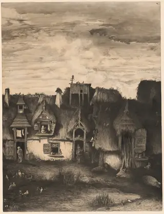 Fantasy Farmhouse, by Rodolphe Bresdin, ink, 1853