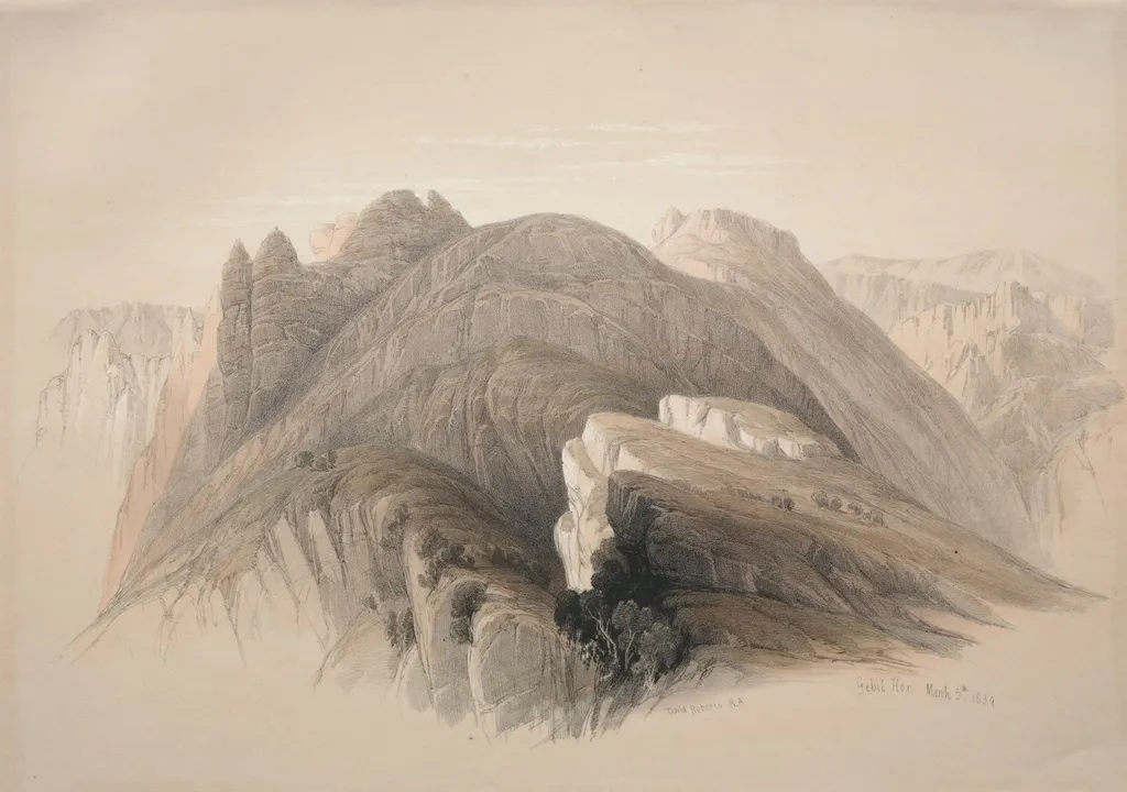 Gebil Hor.  Mount Hor, from the Cliffs Encircling Petra, by David Roberts, 1839