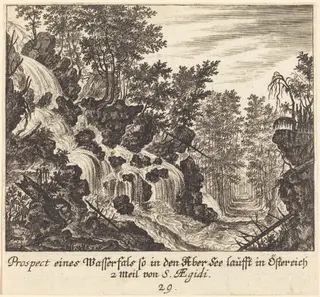 View of a Waterfall, Austria, by Melchior Küsel, ink, 1681