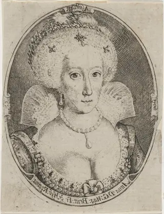 Anne of Denmark, by Simon van de Passe, ink, 1621