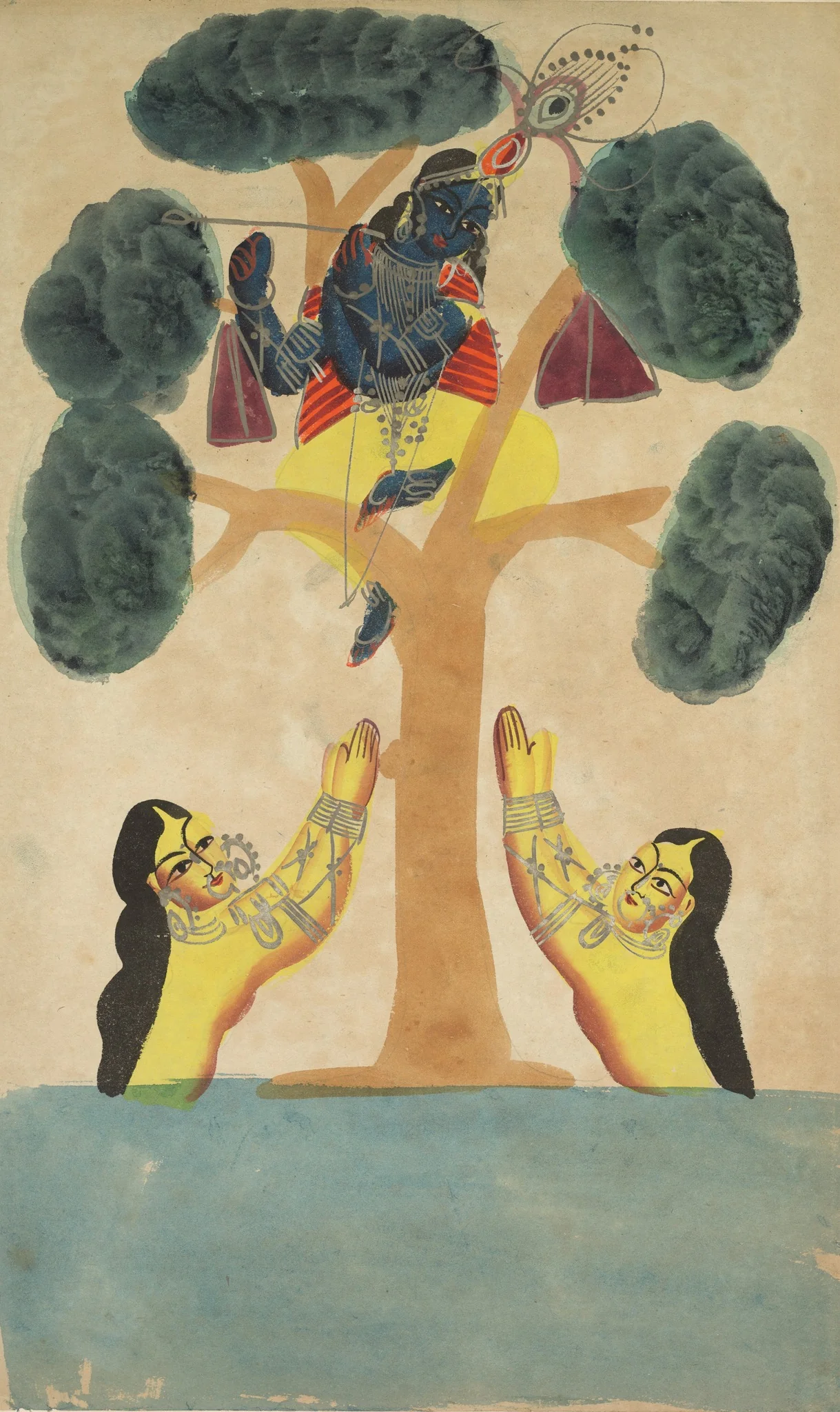 Krishna Steals the Clothes of the Cowgirls (Gopis) (recto), from a Kalighat album, detail