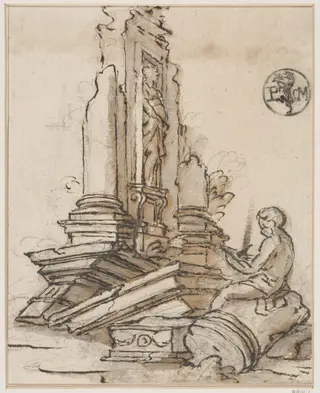 A boy writing or drawing, seated on a fallen column before a ruined niche containing a sculptured figure of a woman, by Gennaro Landi, 1750
