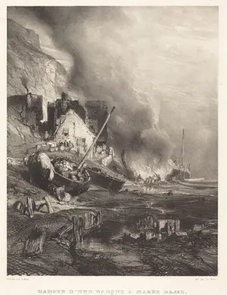Radoub d'une Barque à la Marée Basse (Refitting of a Ship at Low Tide), by Eugène Isabey, ink, 1833