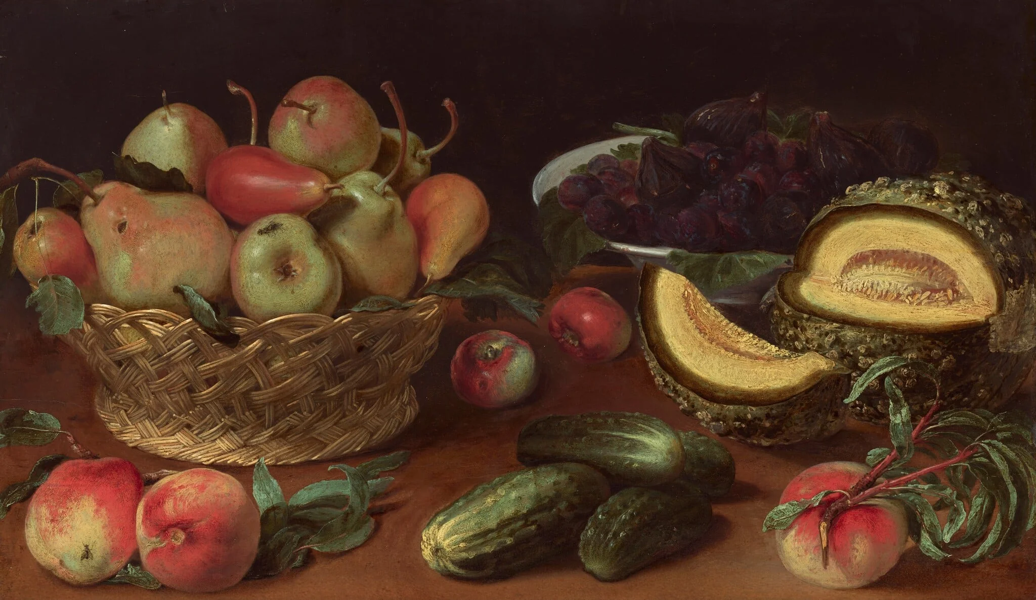 Still Life with Apples, Pears, Cucumbers, Figs, Plums, and a Melon, detail