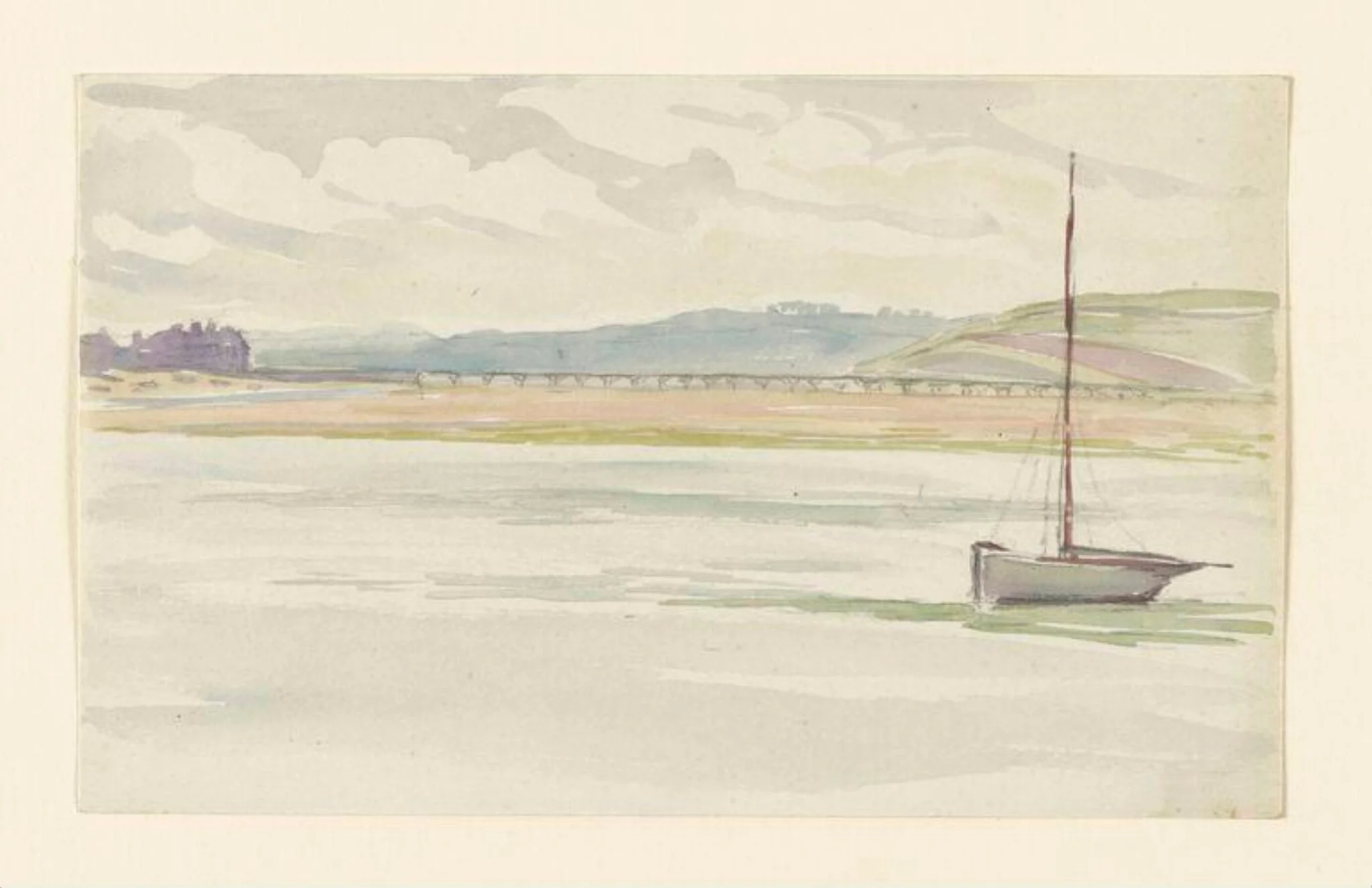 View of a bridge from across a river, with boat in foreground, detail