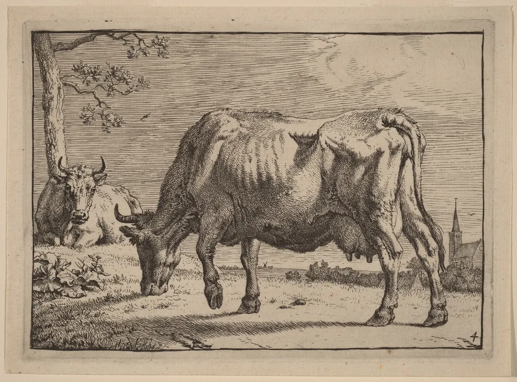 Grazing Cow, by Paulus Potter, ink, 1650
