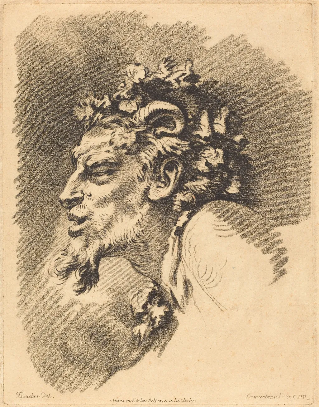 Head of a Faun, by Gilles Demarteau the Elder, chalk, 1749