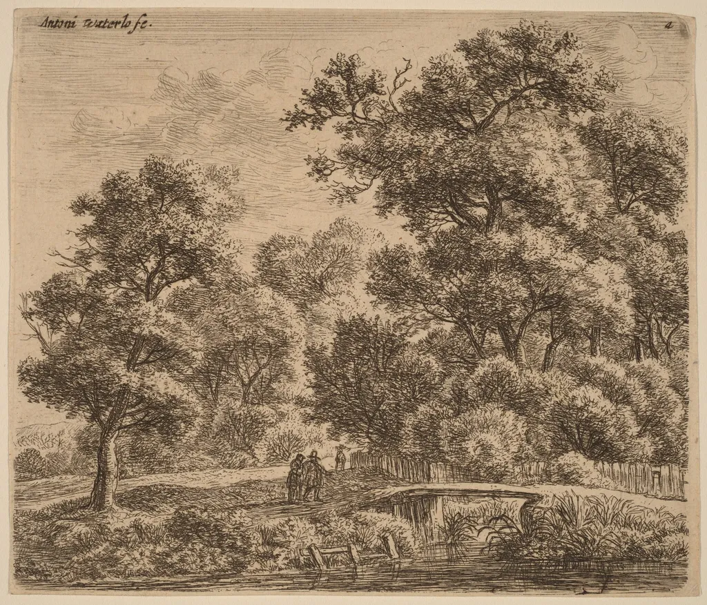 Wooded Landscape with a Bridge, by Antonie Waterloo, ink, 1650