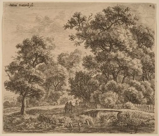 Wooded Landscape with a Bridge, by Antonie Waterloo, ink, 1650
