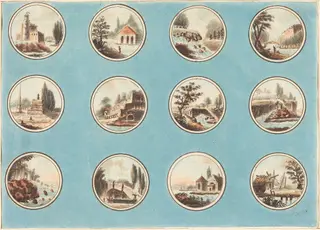 Twelve Roundels with Landscapes, by Laurent Guyot, ink, 1788