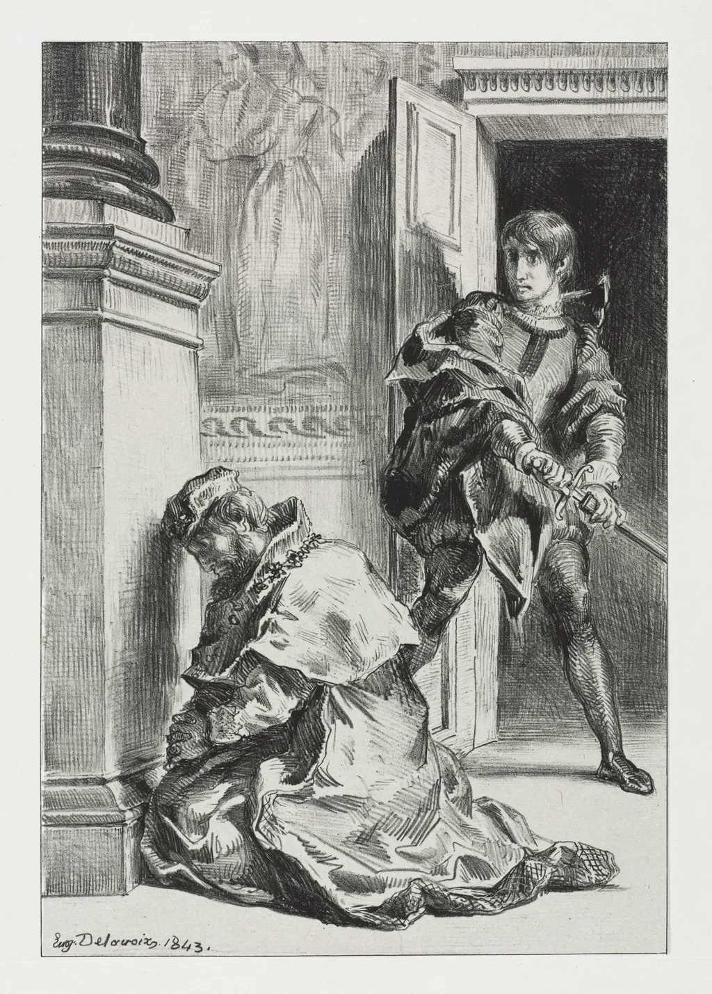 Hamlet:  Hamlet Attempts to Kill the King, by Eugène Delacroix, 1843
