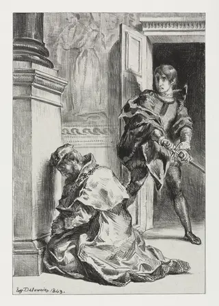 Hamlet:  Hamlet Attempts to Kill the King, by Eugène Delacroix, 1843