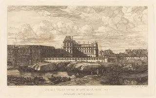 L'ancien Louvre d'après une peinture de Zeeman, 1651 (The Old Louvre, from a Painting by Zeeman, 1651), by Charles Meryon, ink, 1866