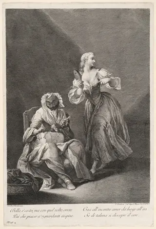 Harlequin as Lacemaker, by Francesco Bartolozzi, ink, 1760