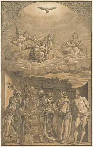 The Virgin and Child in the Clouds with Six Saints, by John Baptist Jackson, ink, 1742