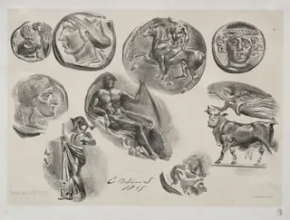 Sheet with Nine Antique Medals, by Eugène Delacroix, 1825