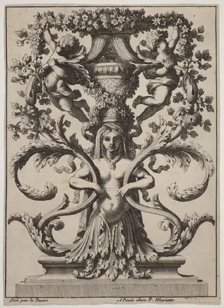Ornament with a Woman Turning to Foliage, by Jean Lepautre, ink, 1650
