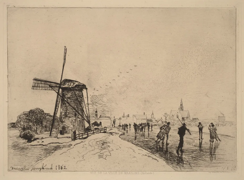 View of the Village of Maaslins (Vue de la ville de Maaslins (Hollande)), by Johan Jongkind, ink, 1862