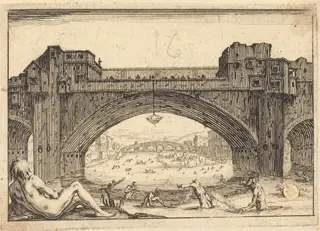 Ponte Vecchio, Florence, by Jacques Callot, ink, 1617