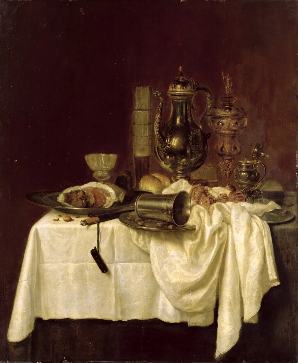 Still life with ham, decanter, columbine cup and passglass on a laid table, detail
