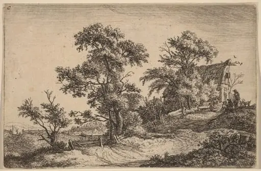 Cottage on a Hill, by Antonie Waterloo, ink, 1650