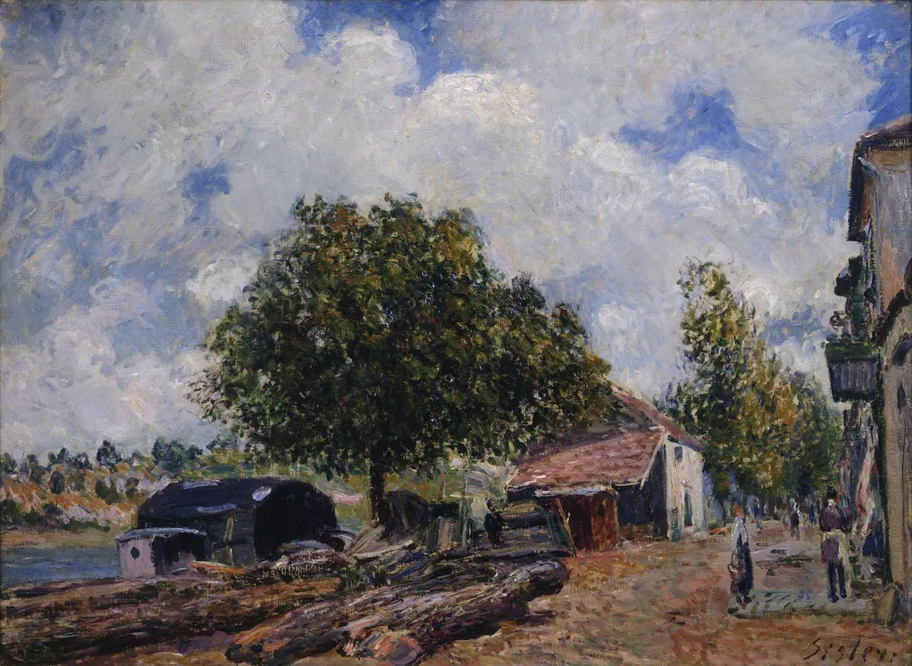 Timber Yard at Saint-Mammès, by Alfred Sisley, oil, 1890