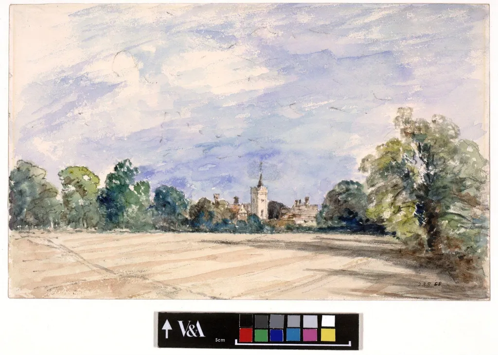 A village seen over a ploughed field, by John Constable, watercolor, 1834