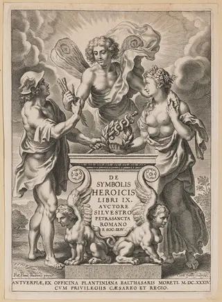 Title Page for Silvester Pietrasanta, De Symbolis Heroicis, by Cornelis Galle I, ink, 1634