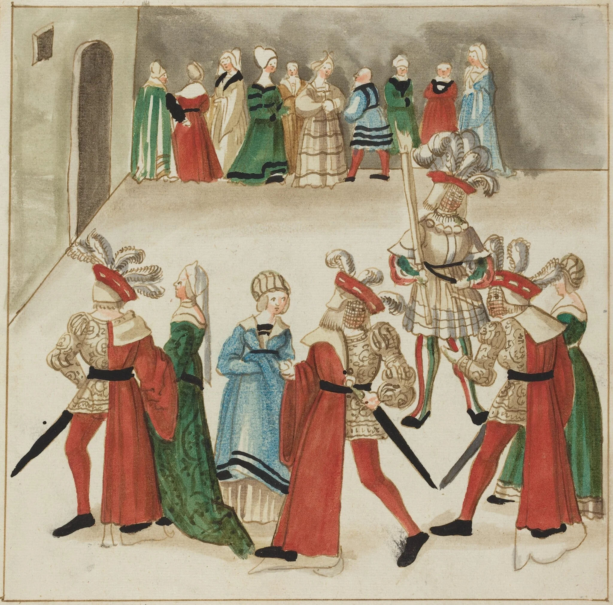 Three Men in Red Capes Dancing with Their Partners, detail