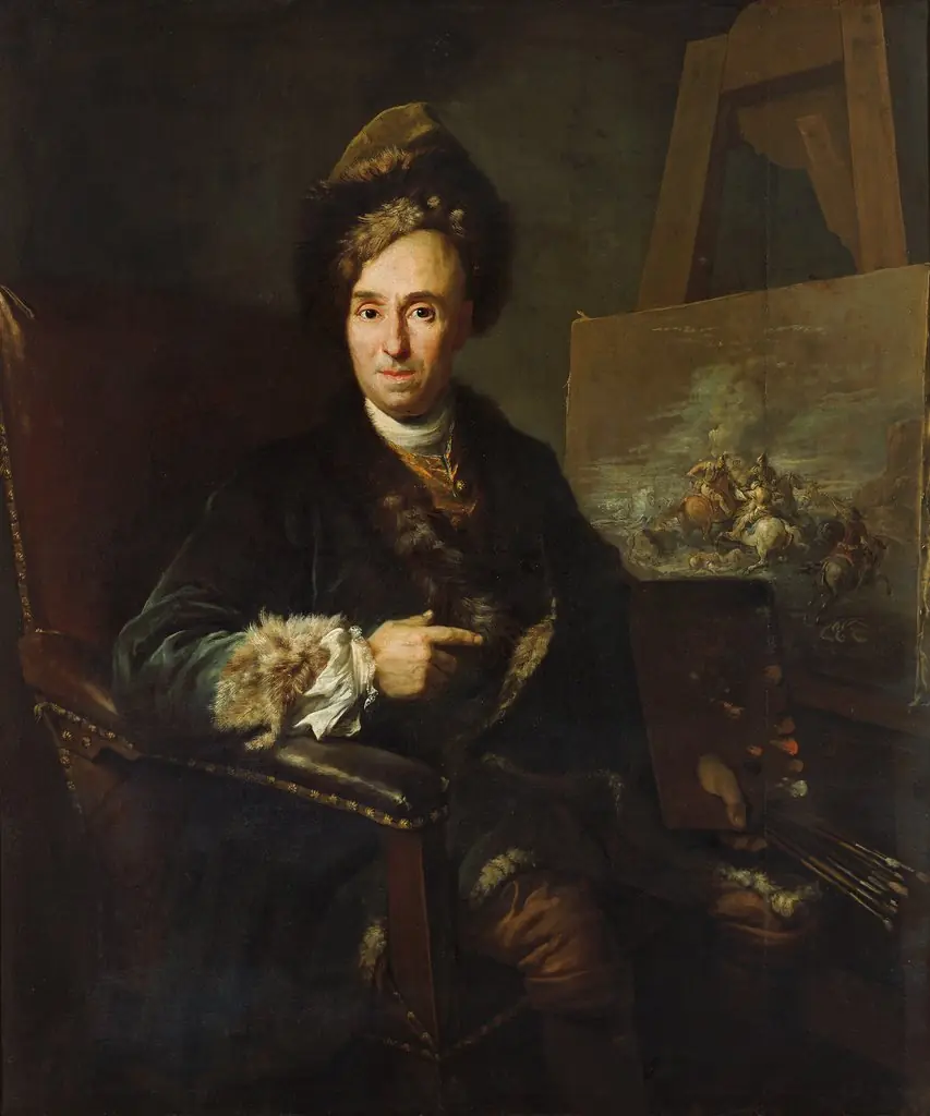 Portrait of the battle-painter Ignace-Jacques Parrocel, by Jacob van Schuppen, oil, 1716