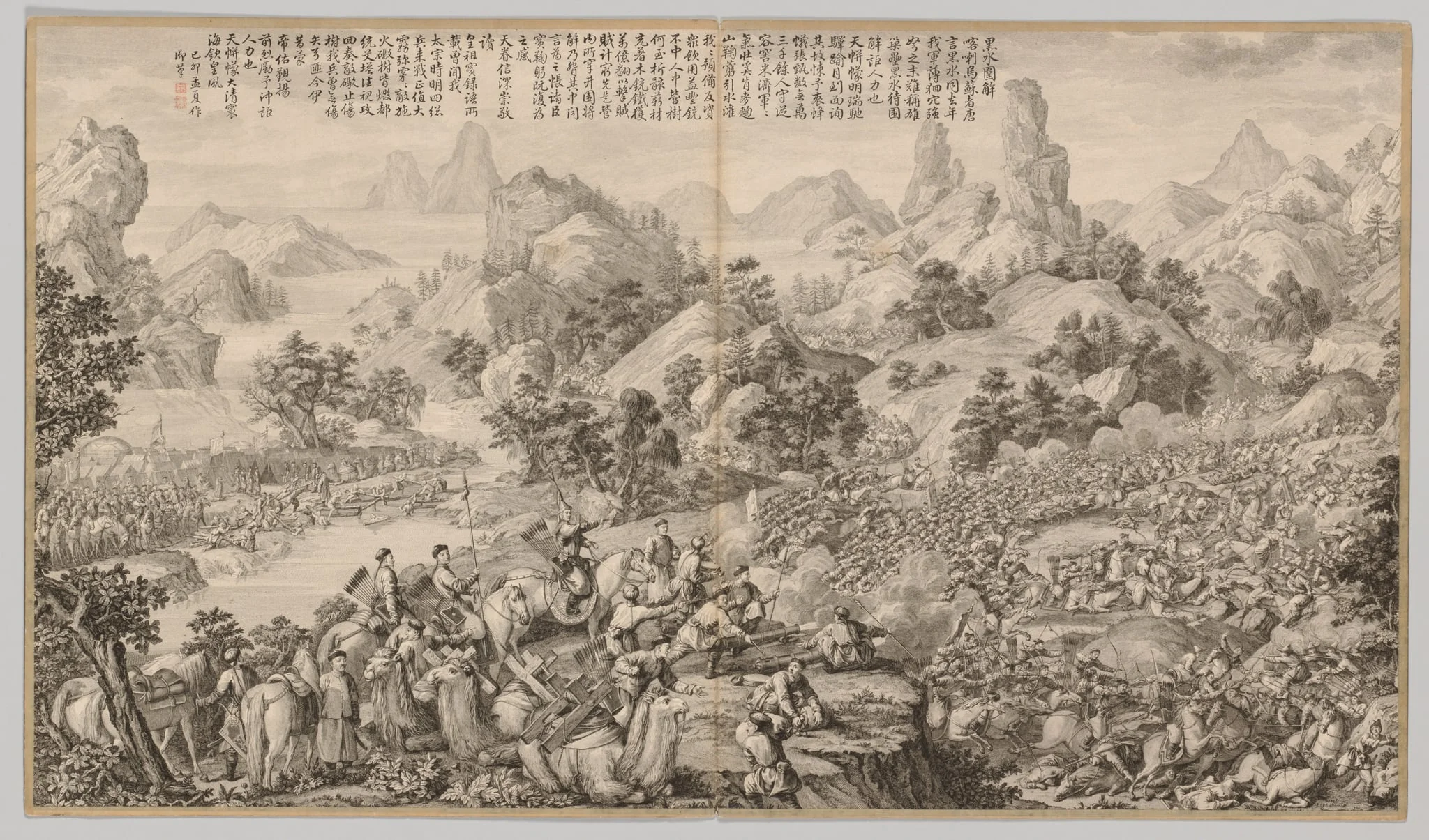 Breaking Through the Siege at Hesui: from Battle Scenes of the Quelling of Rebellions in the Western Regions, with imperial Poems, detail