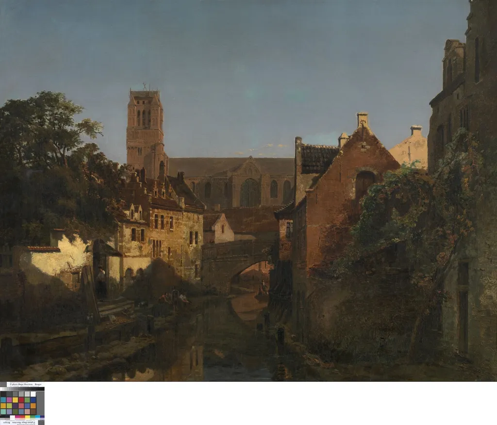 De Sint-Salvatorskerk in Brugge gezien vanop de Begijnhofbrug, by Jean-Baptiste Van Moer, oil, 1850