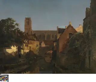 De Sint-Salvatorskerk in Brugge gezien vanop de Begijnhofbrug, by Jean-Baptiste Van Moer, oil, 1850
