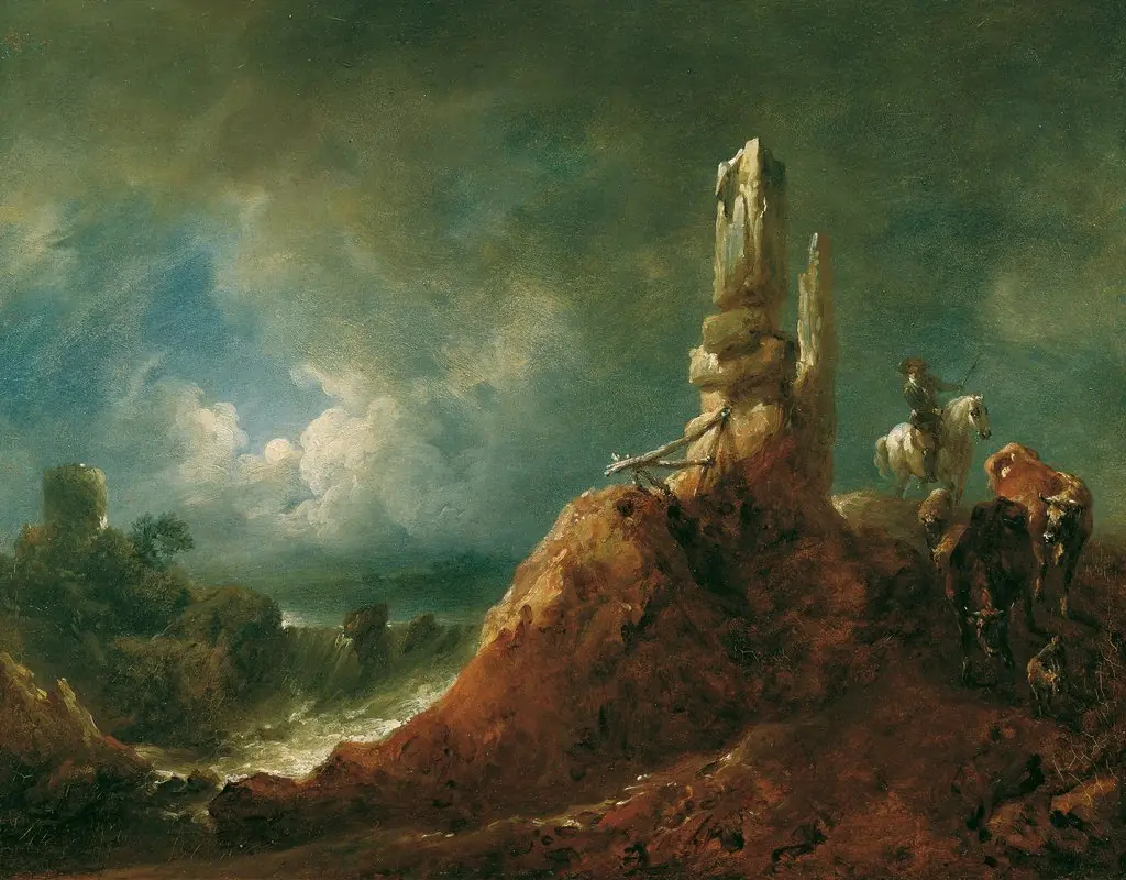 Landscape with ruin and rider in the moonlight, by Johann Christian Brand, oil, 1771