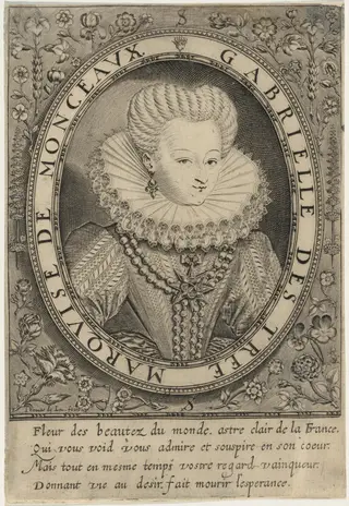 Gabrielle D'Estrees, Marquise de Montceaux, by Thomas de Leu, ink, 1590