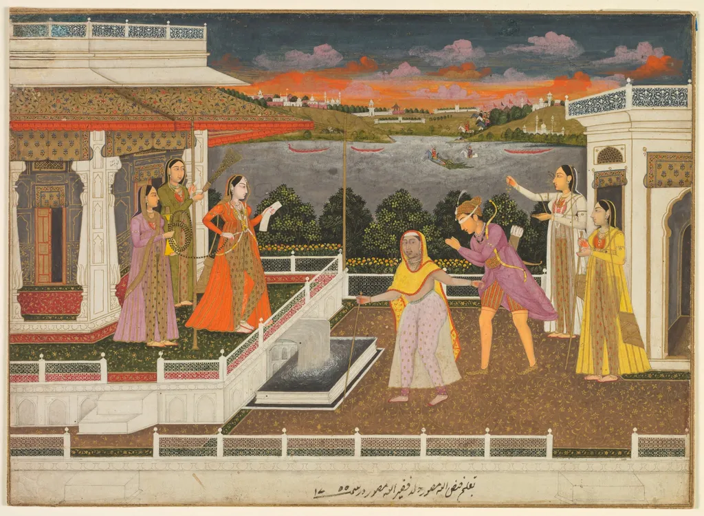 A blindfolded suitor is brought before a princess; verso: scrolling floral vines, by Faizullah, unspecified, 1755