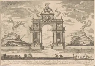 The Prima Macchina for the Chinea of 1756: A Triumphal Arch between Mount Etna and Mount Vesuvius, by Giuseppe Pozzi, ink, 1756