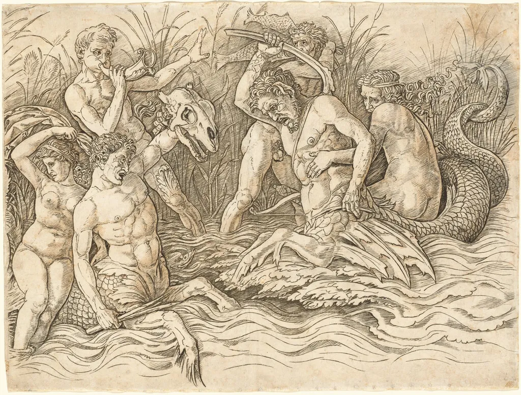 Battle of the Sea Gods [right half], by Andrea Mantegna, ink, 1481