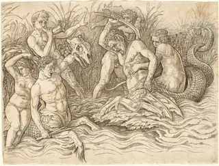 Battle of the Sea Gods [right half], by Andrea Mantegna, ink, 1481