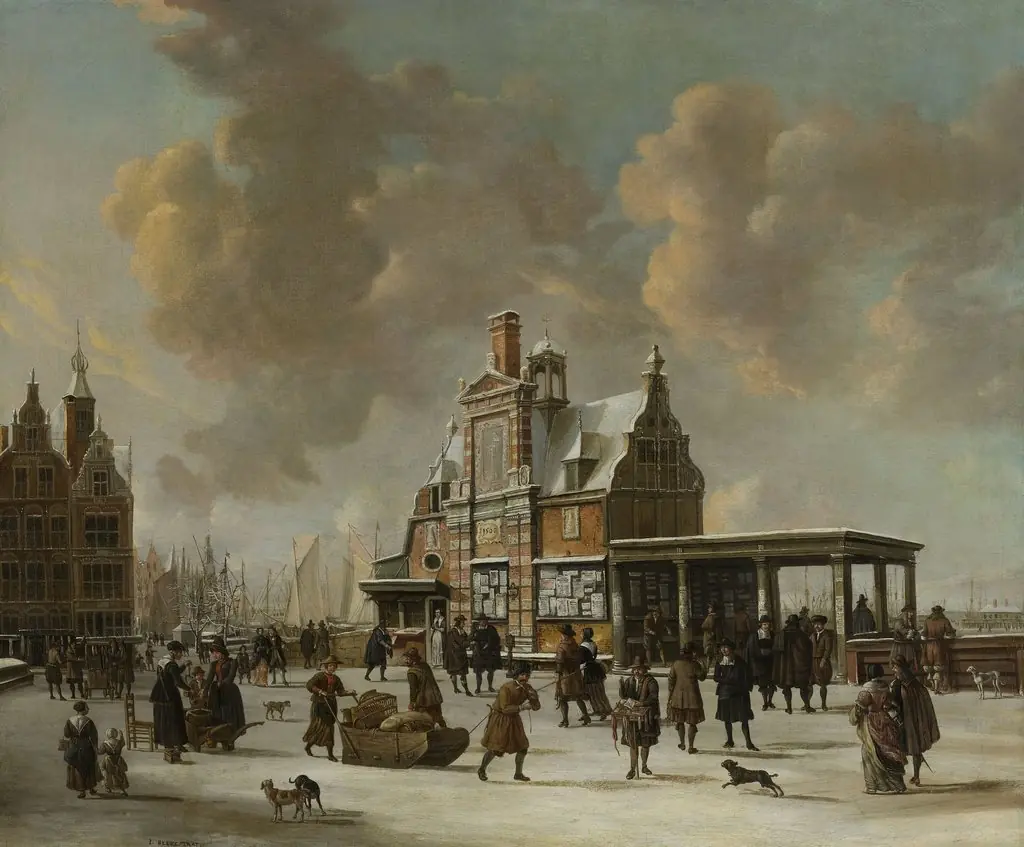 The Paalhuis and the Nieuwe Brug, Amsterdam, in the winter, by Jan Abrahamsz Beerstraaten, oil, 1653