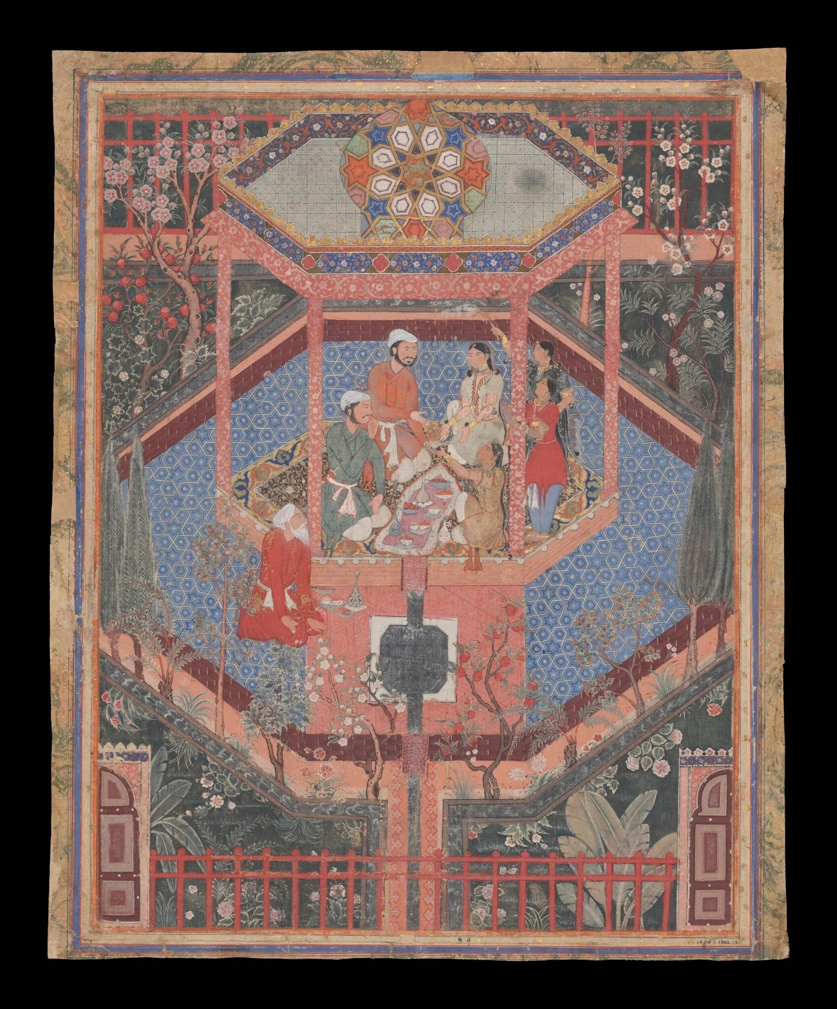 Prince Alamshah Rustam with Mihr Afruz in a garden pavilion, detail