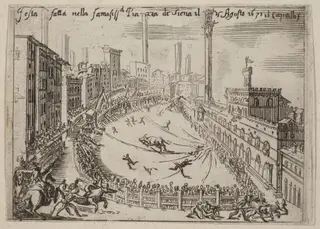 The Piazza, Siena, by Bernardino Capitelli, ink, 1631