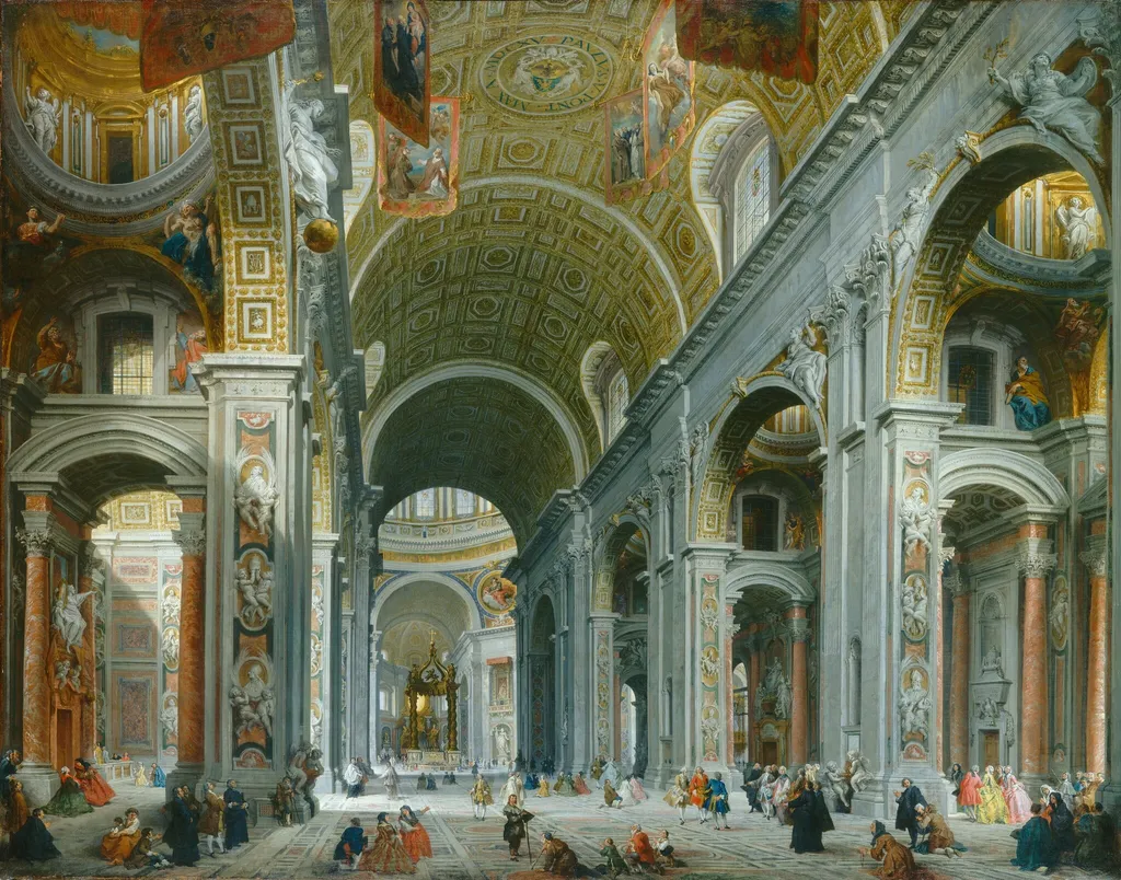 Interior of Saint Peter's, Rome, by Giovanni Paolo Panini, oil, 1754