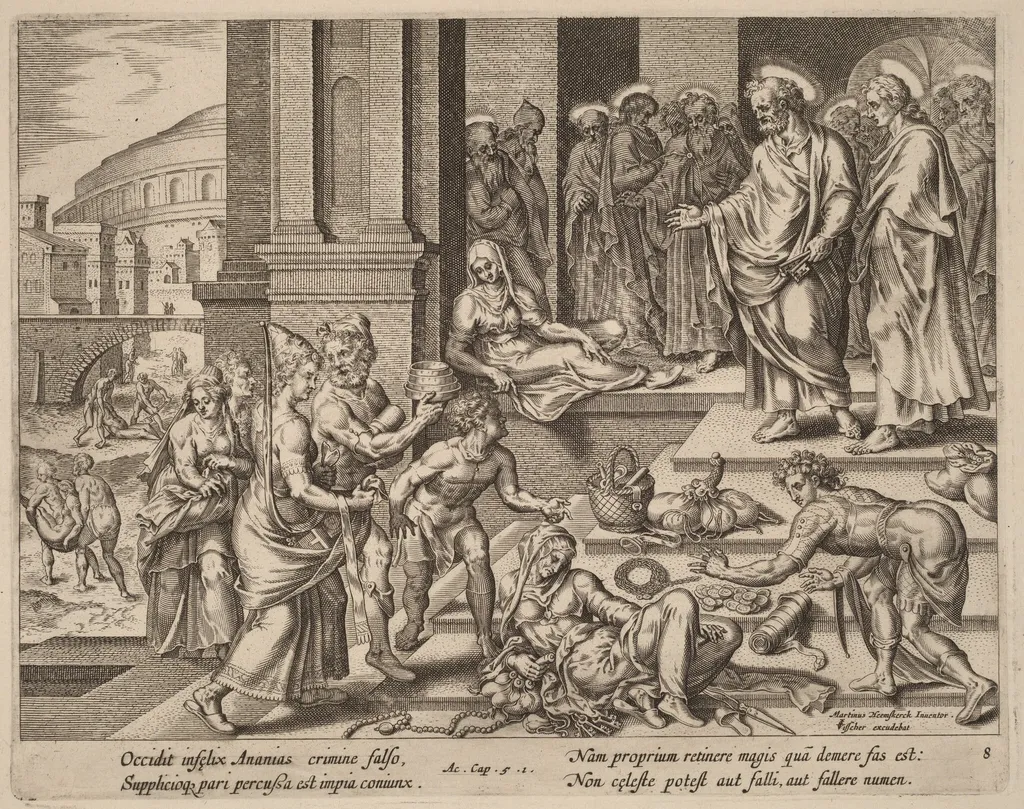 The Deaths of Ananias and Sapphira, by Philip Galle, ink, 1574