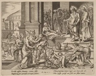 The Deaths of Ananias and Sapphira, by Philip Galle, ink, 1574