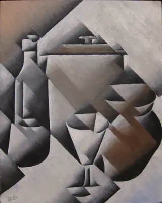 Jar, Bottle and Glass, by Juan Gris, oil, 1911