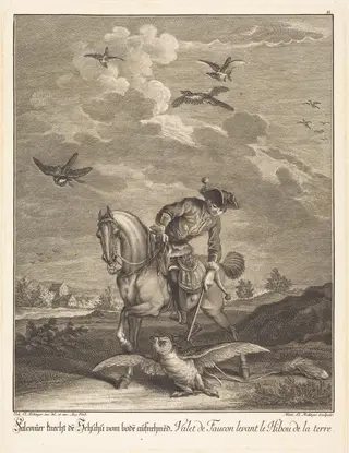 Falconeer Lifting an Owl from the Ground, by Johann Elias Ridinger, ink, 1732