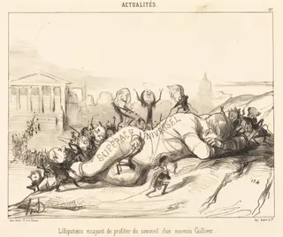 Lilliputiens essayant de profiter du sommeil..., by Honoré Daumier, ink, 1850