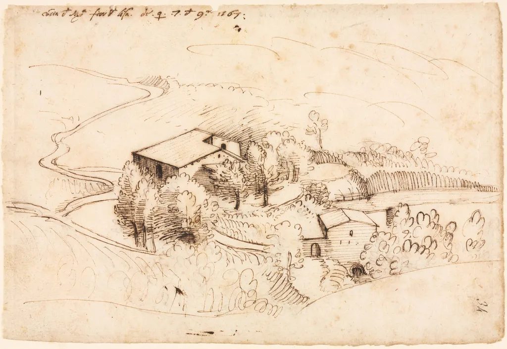Farm with Trees in a Hilly Landscape (recto), by Gherardo Cibo, 1567