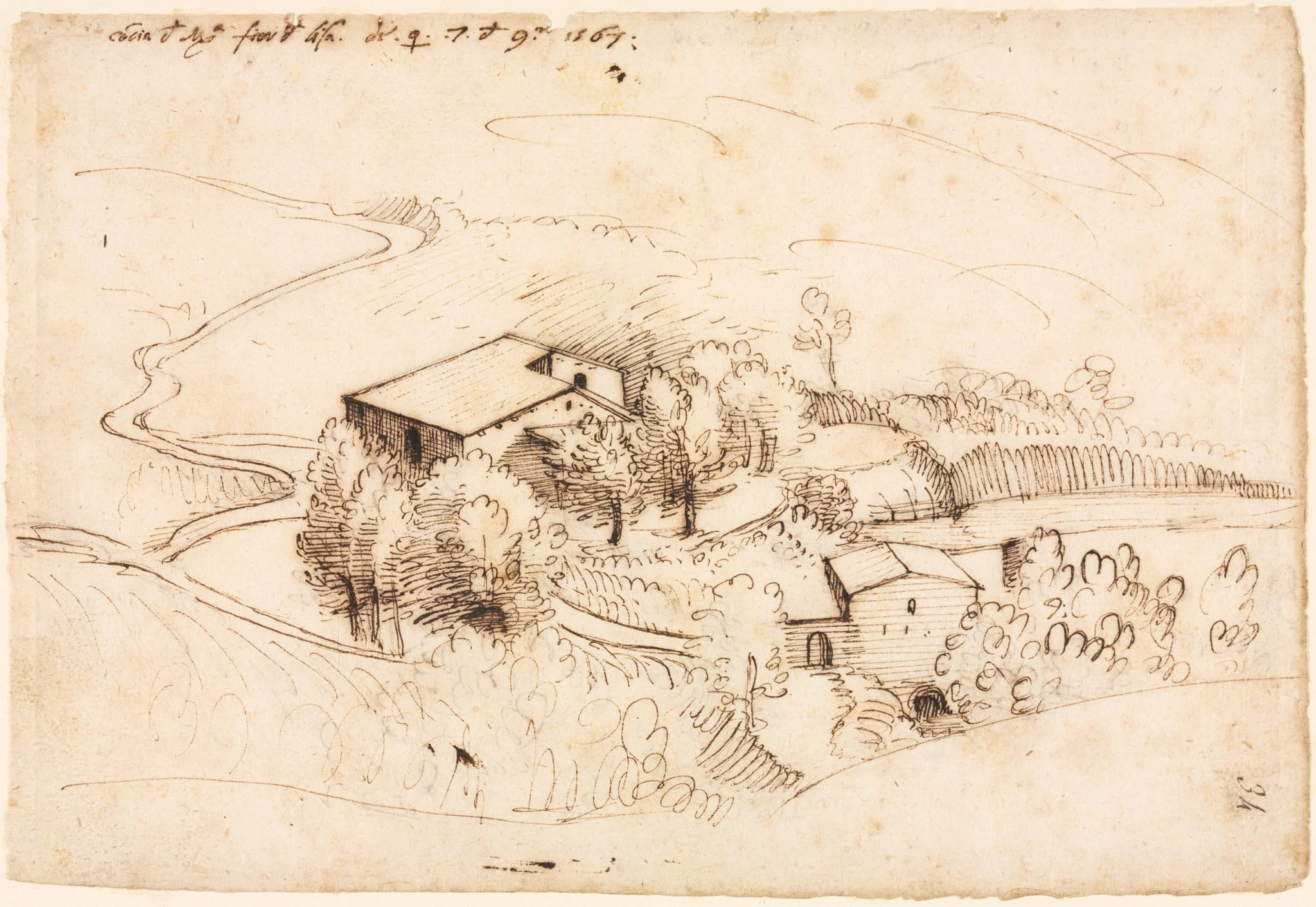 Farm with Trees in a Hilly Landscape (recto), detail